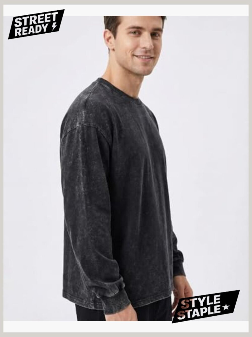 Vintage Wash Heavyweight Long Sleeve Tee Oversized Crew Neck - Picture 2 of 7
